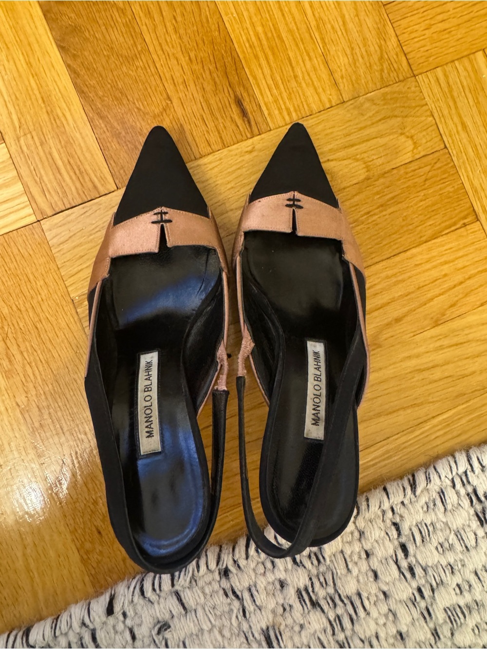 Manolo Blahnik Black and Bronze Pointed Slingback Pumps